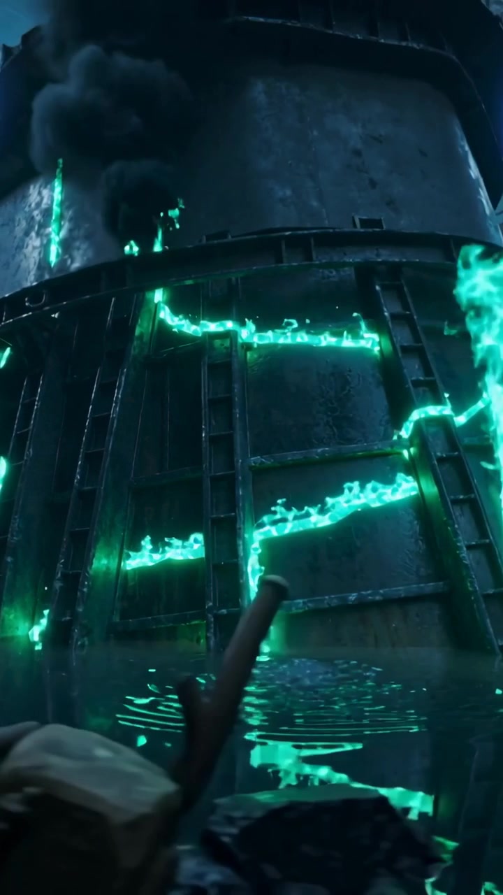 Vertical video: Approaching camera revealing metal tank pulsing neon green fissures at dock, ladder