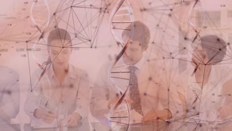 Animation of DNA strands with diverse professionals in office, networking and working