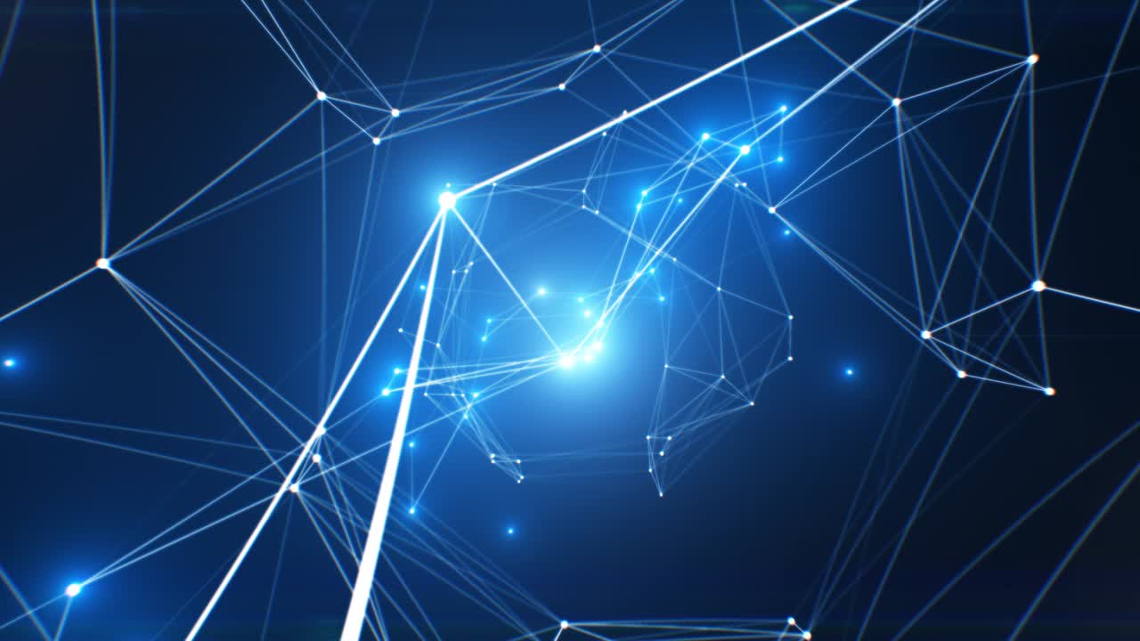 hermoso vuelo a través de las conexiones de red abstractas y nodos brillantes sin problemas. animación en bucle 3d de la red en crecimiento en el ciberespacio con luces intermitentes.