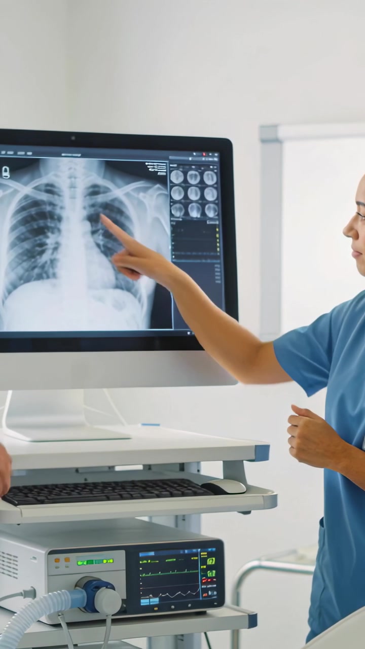 Vertical video: Pointing woman in blue scrubs reading X-ray on monitor at clinic, family listening