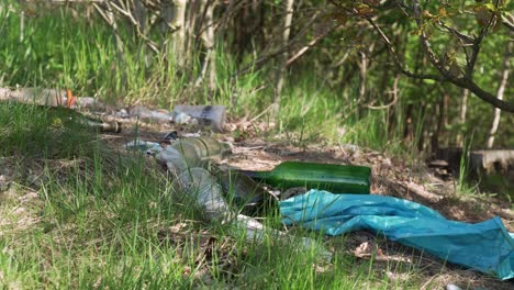 garbage in nature - illegal dump full of plastic and glass trash, grass and trees in a the background, closeup