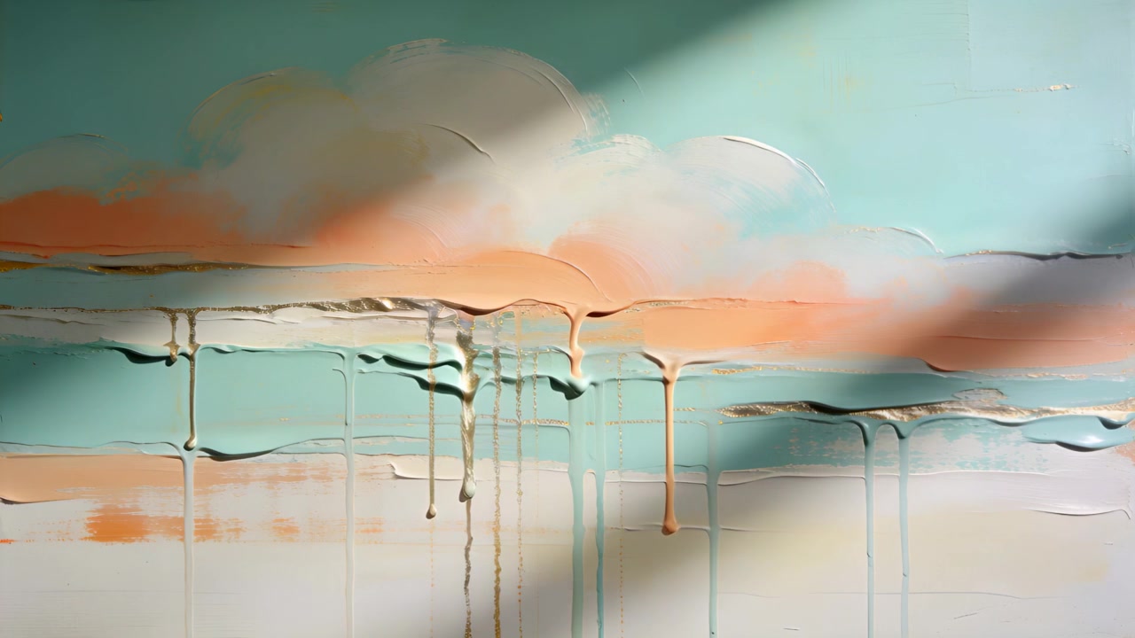 Ombre diagonale mouvante traversant une peinture texturée dans un studio, provenant de la lumière du soleil, allongeant les coulures.