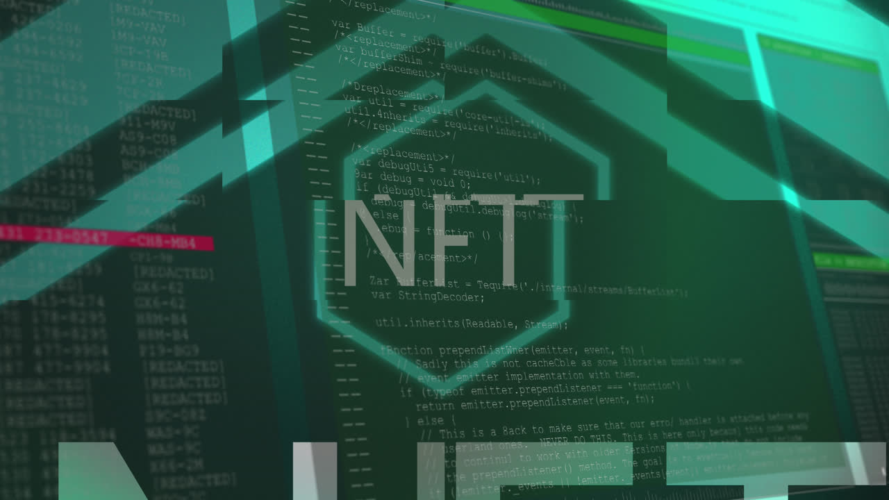 Animation of nft text over data processing on green background