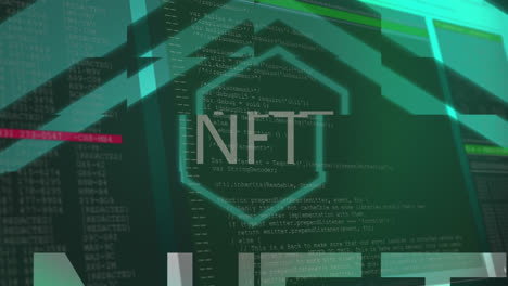 Animation-of-nft-text-over-data-processing-on-green-background