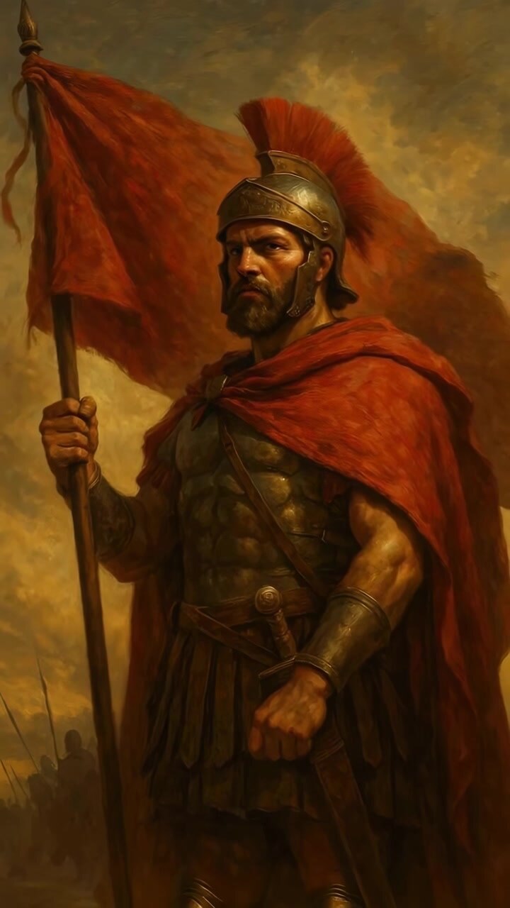 Centurión romano de pie con bandera roja en un campo de batalla