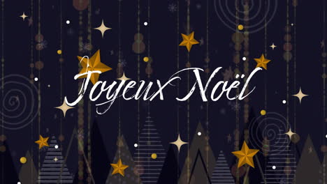 animation of joyeux noel text and snow falling over winter scenery