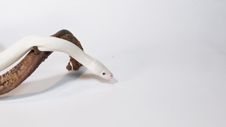 Albino witte slang kruipt langzaam over gebogen houten tak in heldere studiolampen