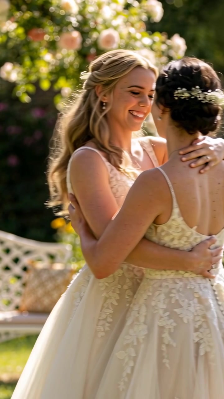 Vertical video: Meeting embracing two brides in lace gowns smiling in wedding lawn with floral arch