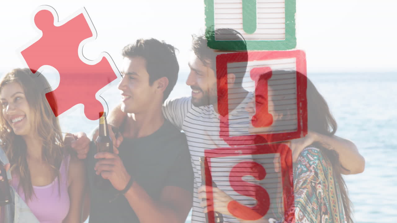 animación de coloridas piezas de rompecabezas y texto de autismo sobre amigos felices en una fiesta de playa de verano