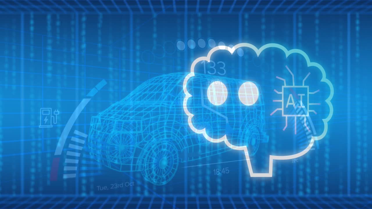 Animation of online ai chat processing over 3d car drawing and world map