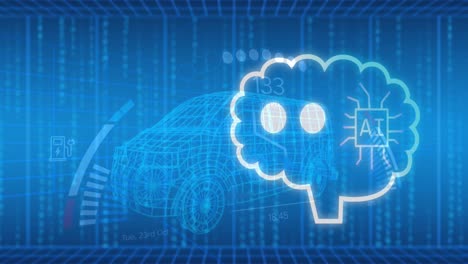animación de chat de ia en línea procesamiento sobre dibujo de automóviles 3d y mapa del mundo