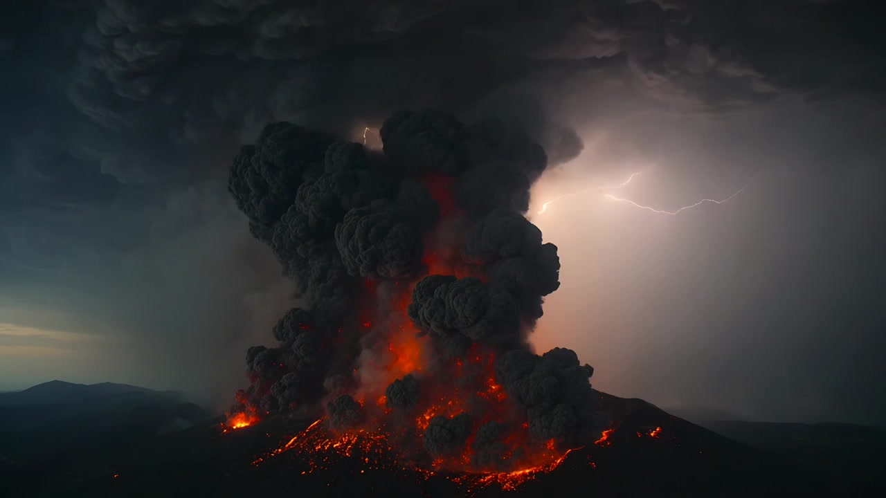 Vulcano in eruzione che emette una colonna di cenere crescente e pulsante dopo l'esplosione del condotto sulle montagne, con fulmini.