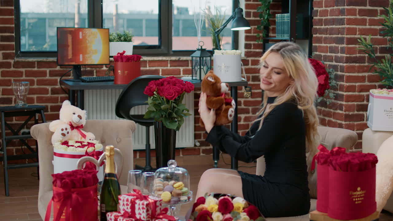 Woman surrounded by roses and gifts
