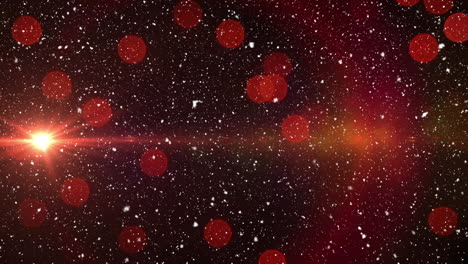 animación de la nieve de navidad cayendo sobre manchas de luz roja y luz en movimiento.