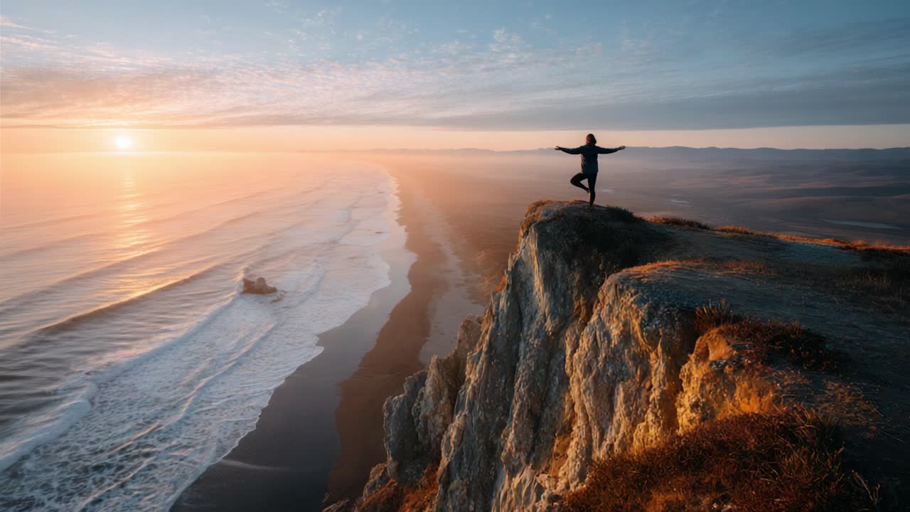 A Serene Sunset Meditation on the Cliff's Edge: Embracing Nature's Tranquility and the Beauty of the Ocean Horizon