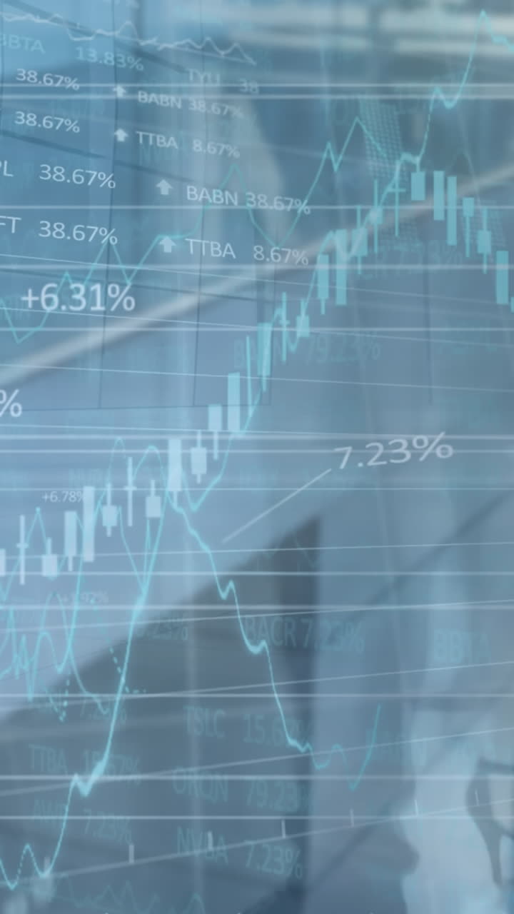 Animazione dell'elaborazione di dati finanziari su persone che camminano