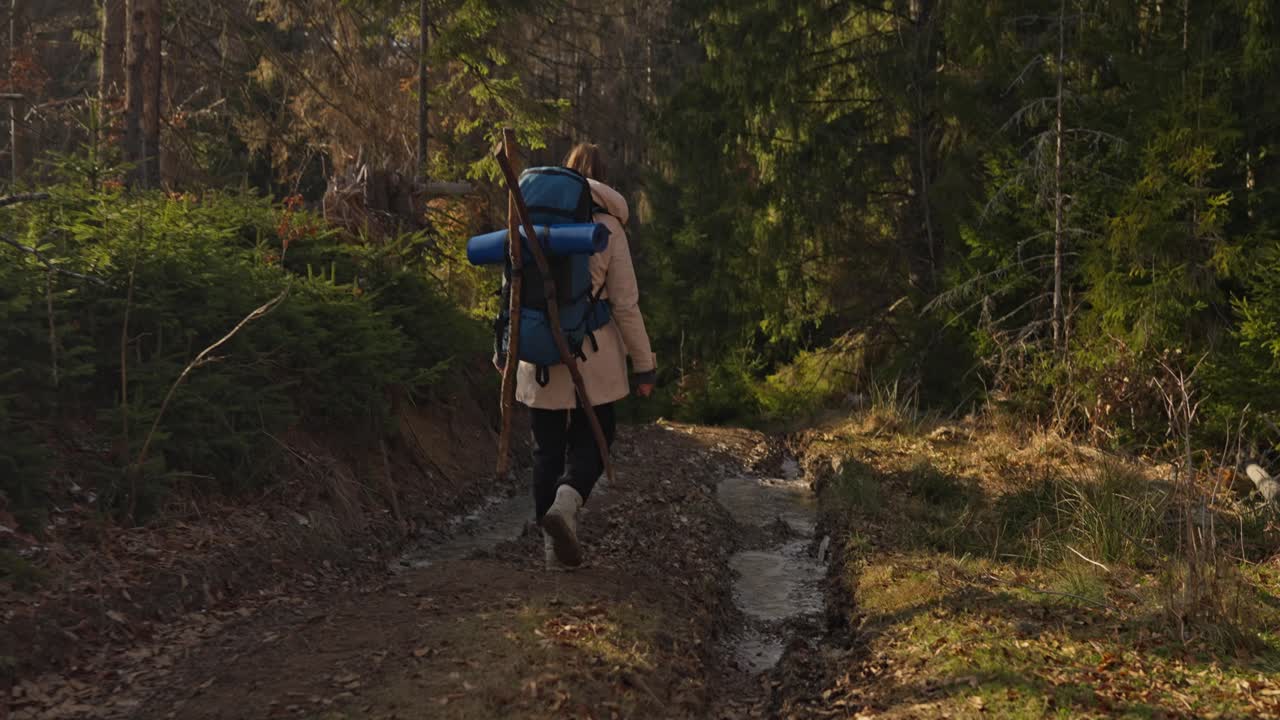 una mujer caminando en el bosque