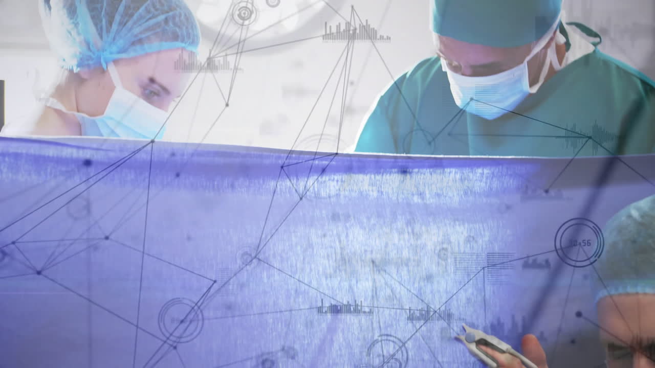 Medische professionals die een operatie uitvoeren met gegevensverwerkingsanimatie over de scène