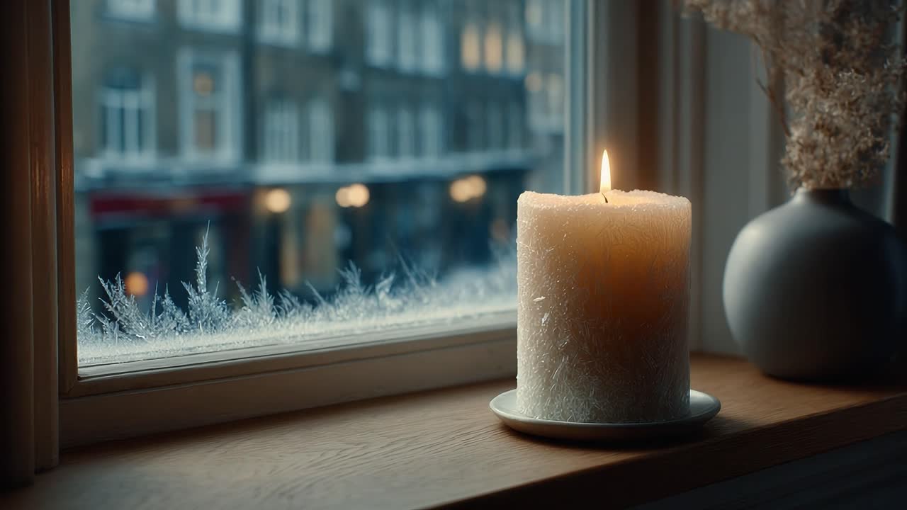 A Serene Candlelit Moment Captured by the Frosted Window, Embracing Warmth and Tranquility as the Flickering Flame Glows Amidst the Winter Chill