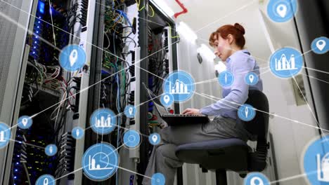 Woman-on-her-laptop-and-Animation-of-network-of-connections-with-statistic-and-location-icons