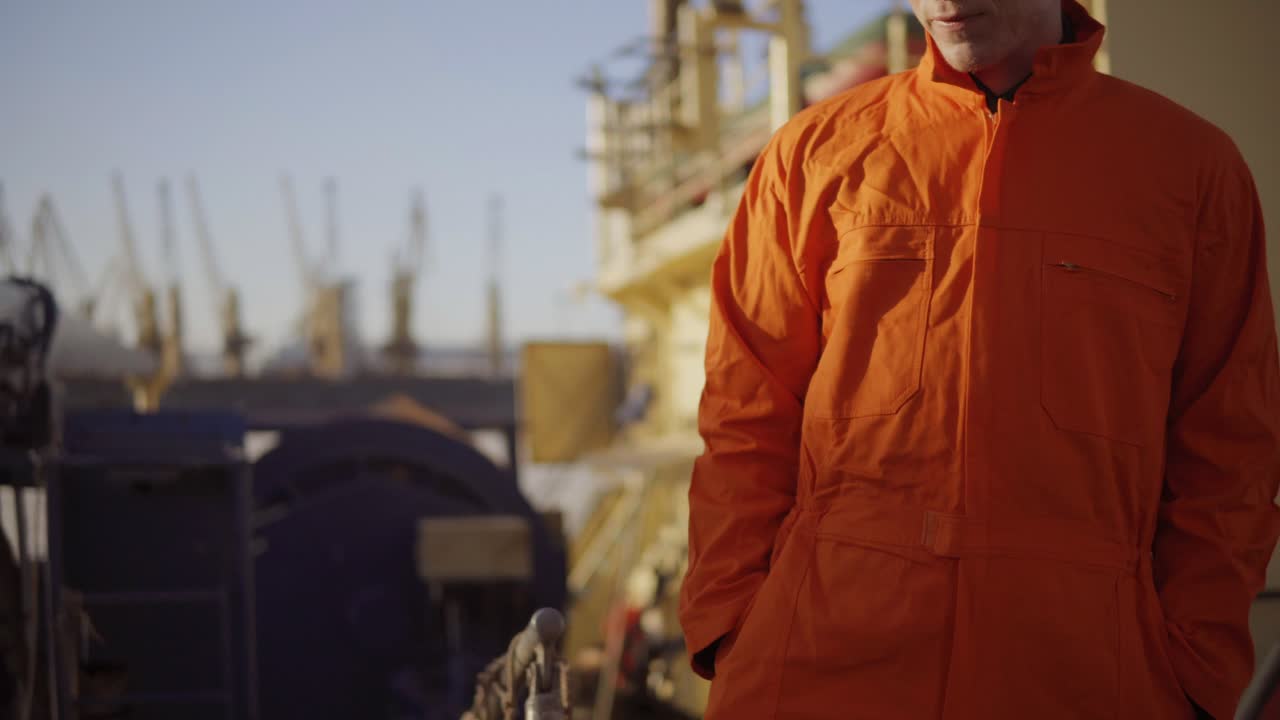 joven trabajador en uniforme posando en el puente de un barco, saliendo del puente en un puerto de la ciudad