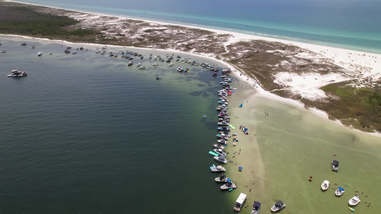 Pontoon Boats For Rentals At The Pristine Shore Of Shell Island Beach In Panama, Florida, USA