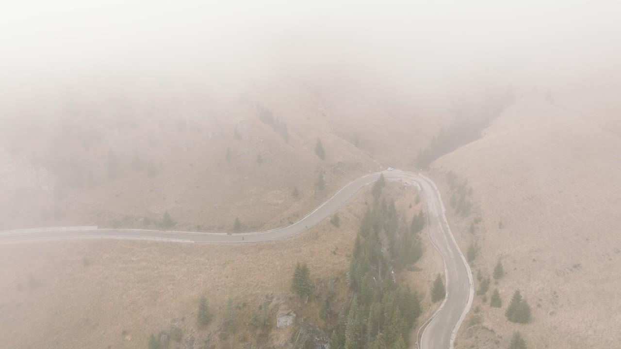 루마니아 부체기 산 풍경의 꾸불꾸불한 길 위로 안개가 자욱한 날씨를 뚫고 날아가다