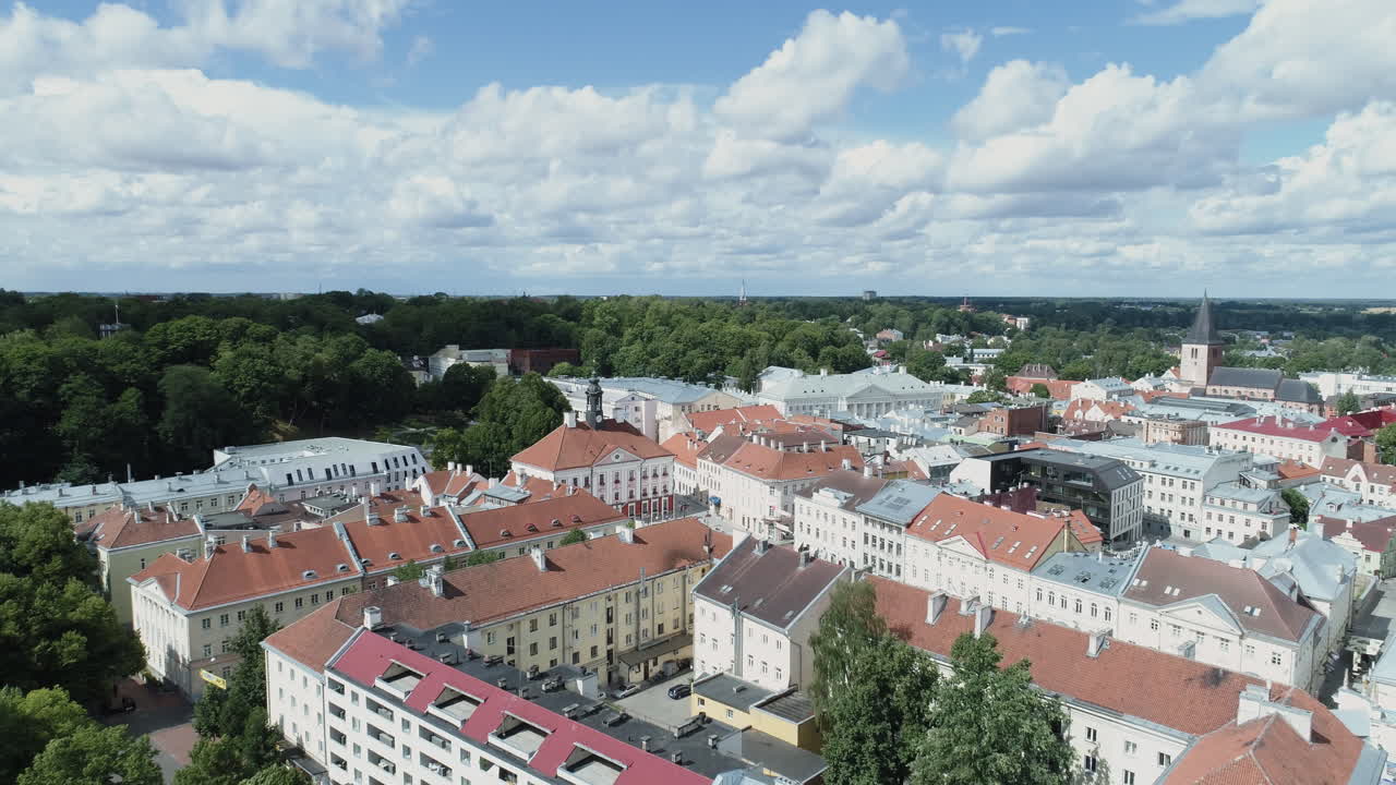 Flight above old town of Tartu, Estonia. Pullback shot.