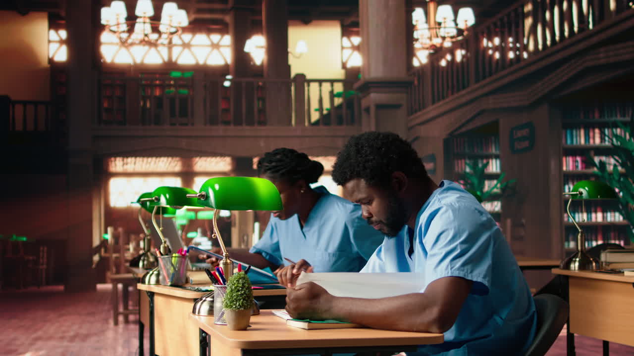 훈련 중인 아프리카계 미국인 간호사들은 의대 논문과 수업 노트를 검토합니다.