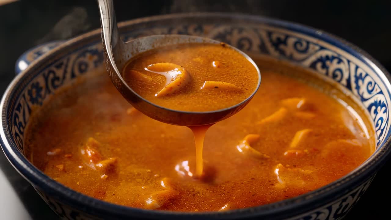 Scooping metal ladle lifting red broth with noodles above blue-white bowl on counter, serving soup