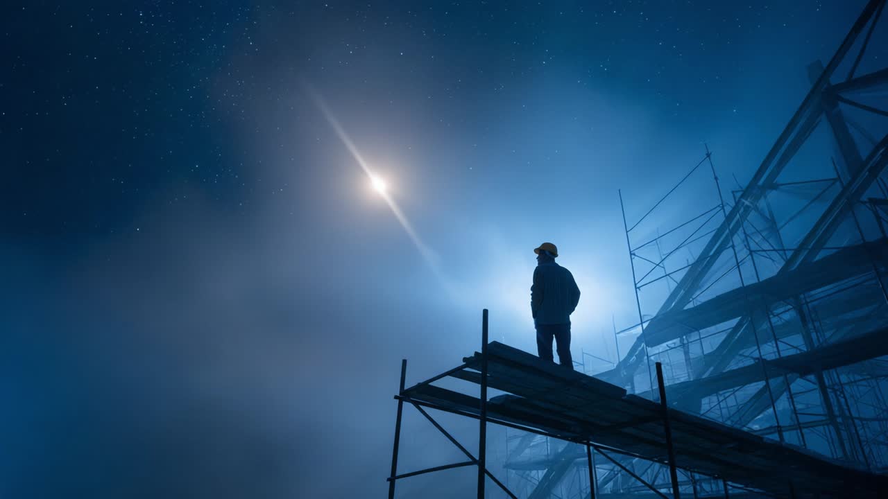 Bygningsarbejder på stillads under måneskinnet