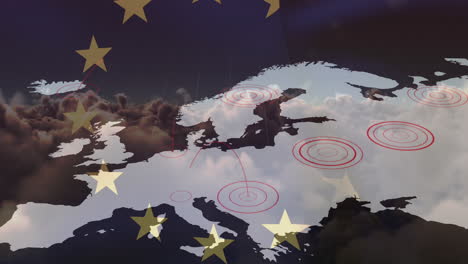 animation of flag of european union and map over clouds in sky