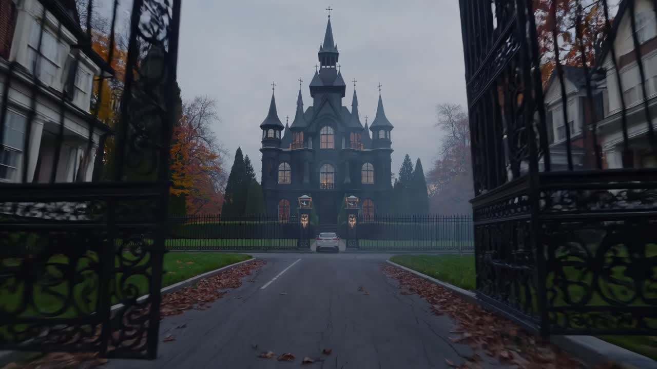 A cinematic video shot from a low angle captures a gothic mansion framed by ornate gates