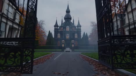 a cinematic video shot from a low angle captures a gothic mansion framed by ornate gates