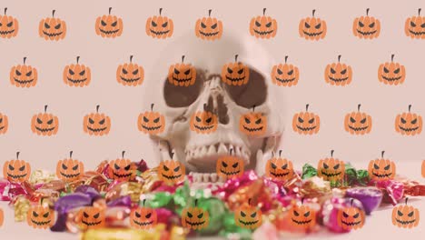 Animación-De-Calabazas-Sobre-Calavera-Y-Dulces-Sobre-Fondo-Blanco