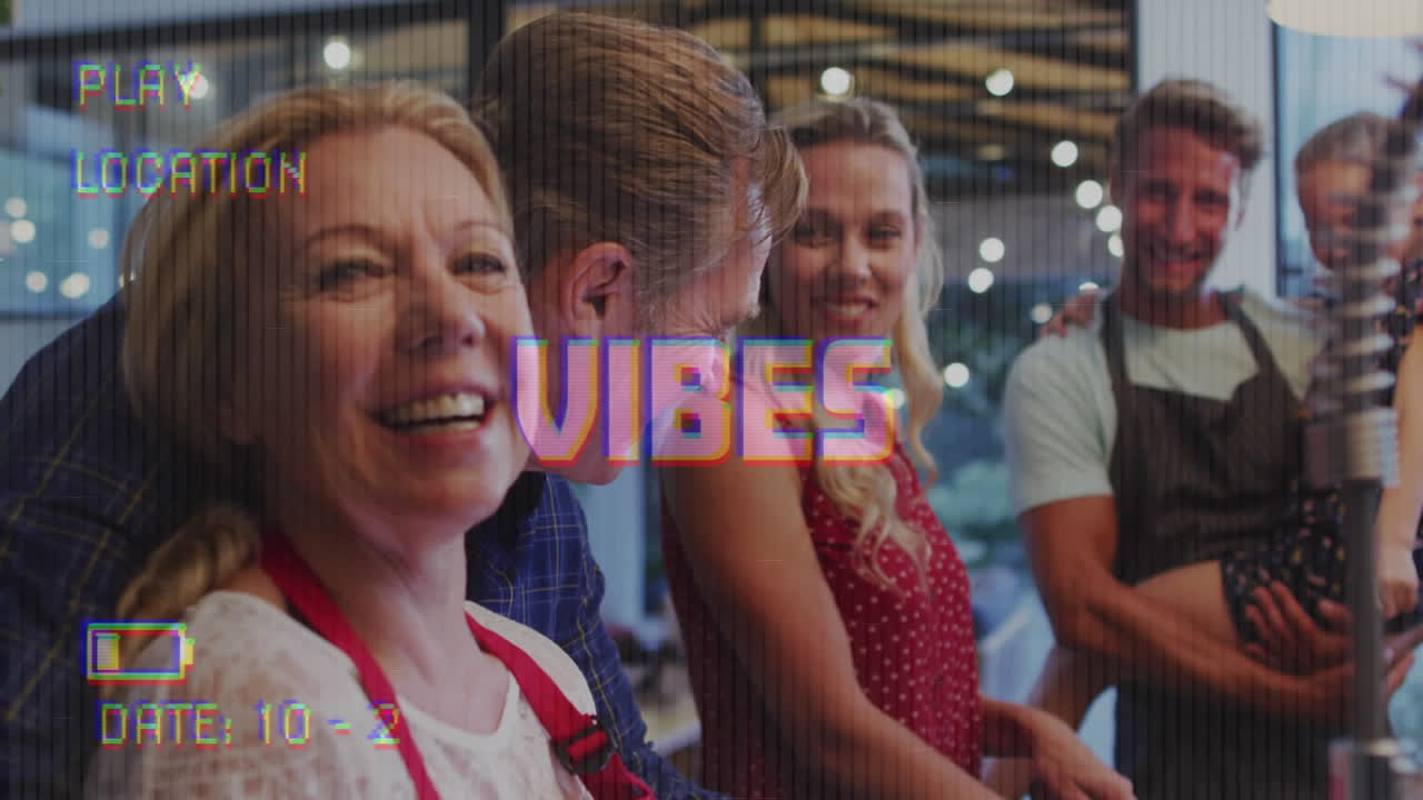 디지털 인터페이스 촬영 가족과 함께 비디오 카메라 화면에 바이브 텍스트의 애니메이션