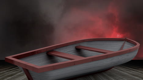 animación de un barco en superficie de madera con relámpagos rojos y nubes en el cielo