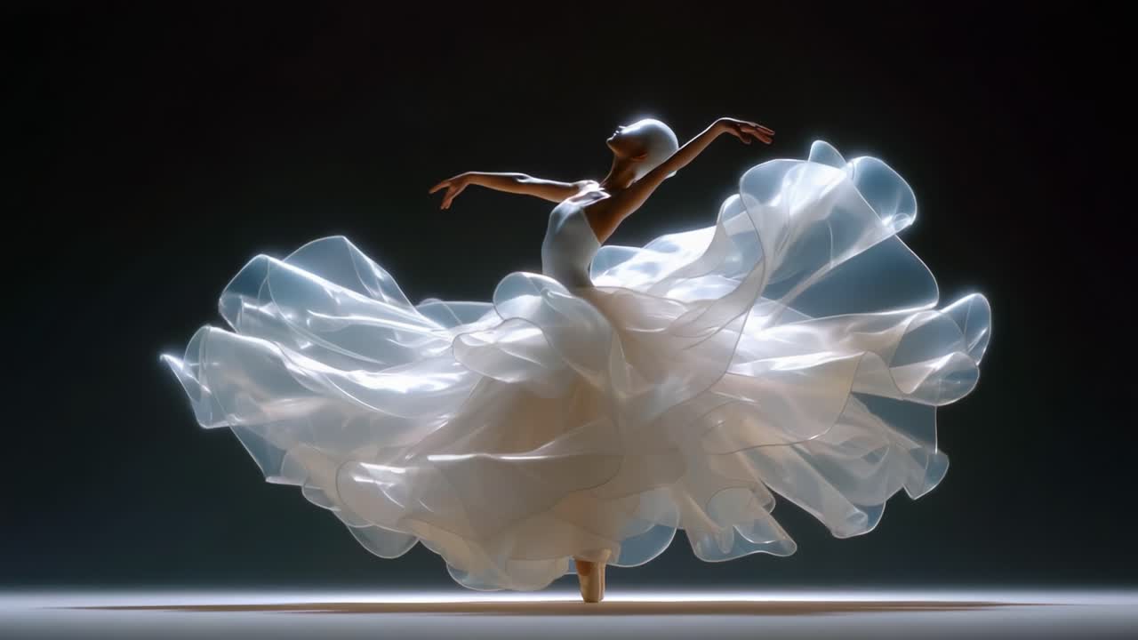 Graceful dancer in an ethereal gown twirls gracefully, capturing the essence of elegance and beauty with flowing fabric and illuminated silhouette against a dark backdrop