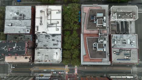 Overhead-aerial-view-of-a-sliver-of-trees-connecting-the-Pioneer-Square-streets-of-downtown-Seattle