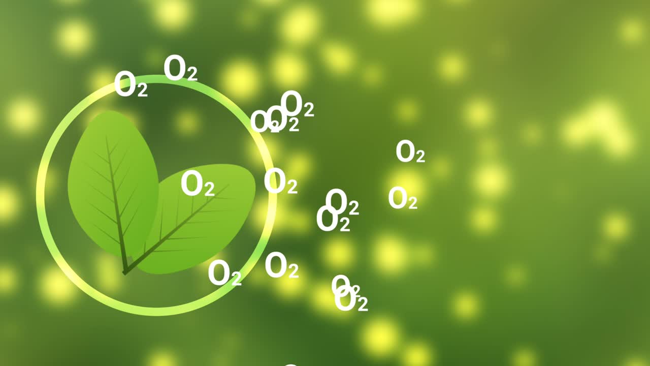 녹색 배경에 밝은 원을 가진 산소 애니메이션 영상 클립을 실현하여 환경, 식물, 지구 온난화 및 자연 라이프 스타일을 구하기위한 컨셉.