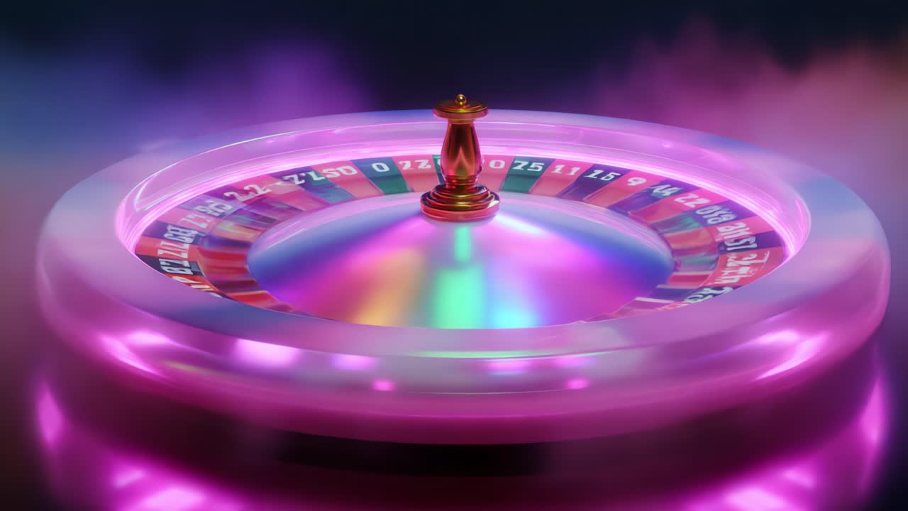 Una vivace ruota della roulette illuminata da colori neon, che cattura l'emozione del gioco da casinò, con una pallina che gira e un colorato layout di puntata, il tutto ambientato su uno sfondo mistico di nebbia e luce