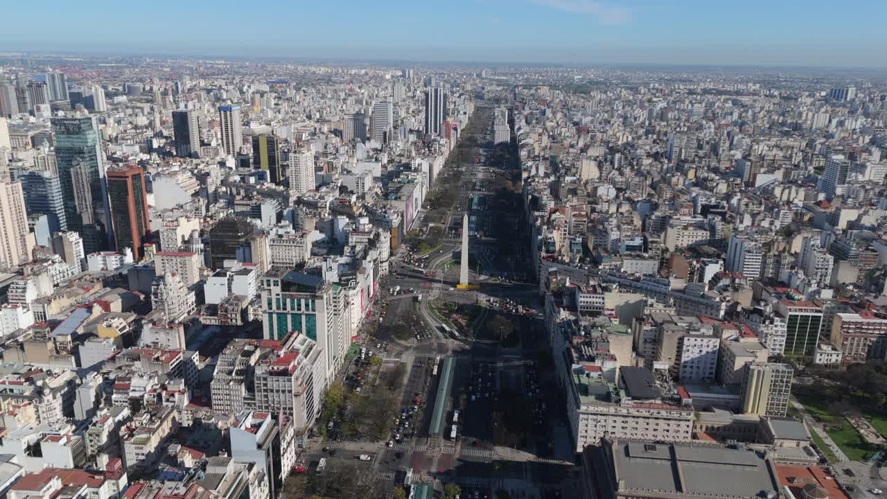 Aerial view of the Obelisk in Plaza de la República on Avenida 9 de Junio. Buenos Aires, Argentina. 4k.