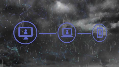 Animation-of-flowchart-of-icons-over-connected-dots-with-rain-and-lightning-through-stormy-clouds