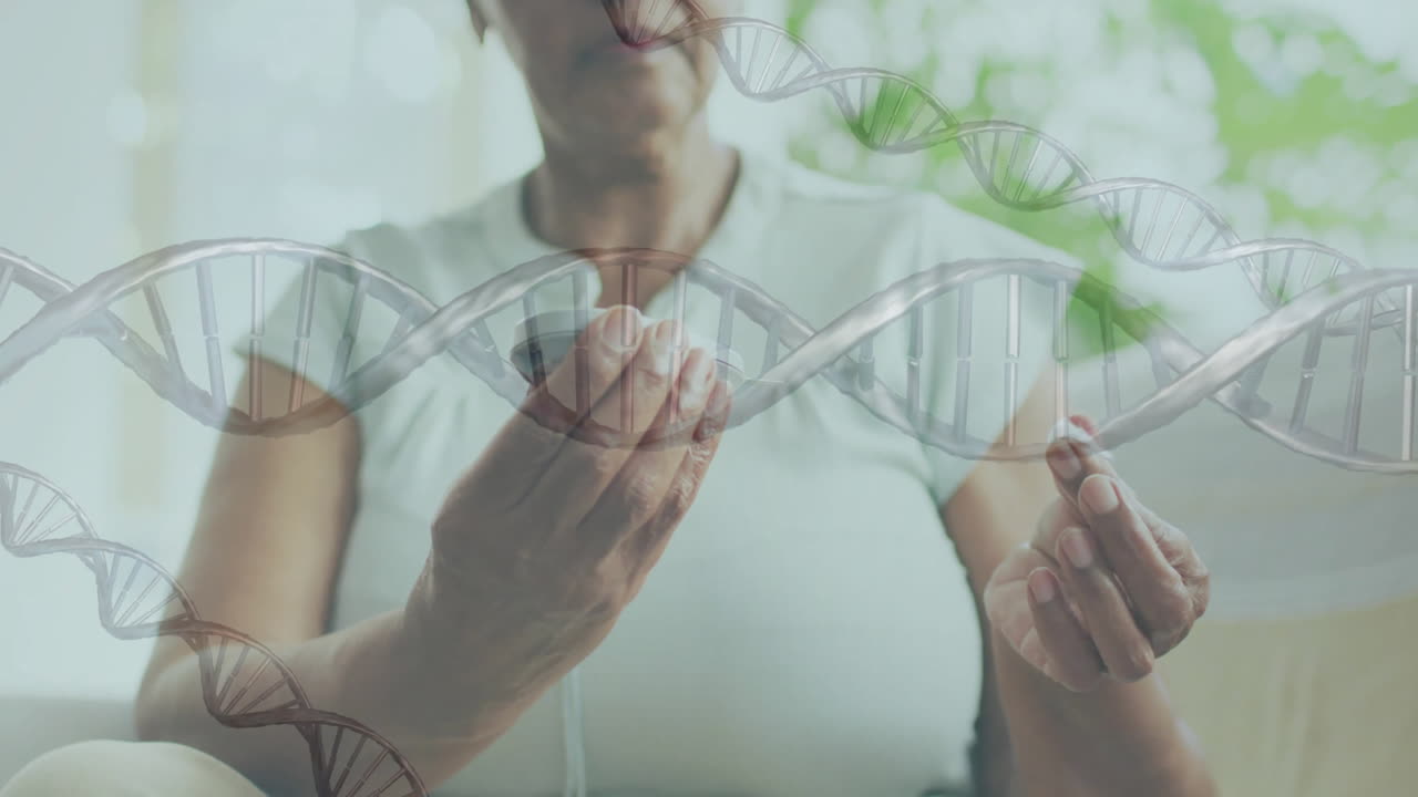 Animation of dna strands over senior african american woman using glucose meter