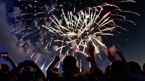 crowd cheering and celebrating with fireworks