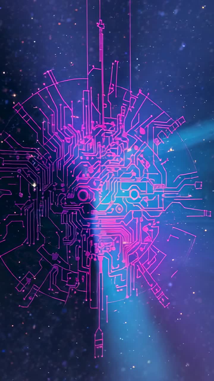 Vertical video: Intensifying neon circuit pulsing turning in nebula, sweeping beams revealing nodes