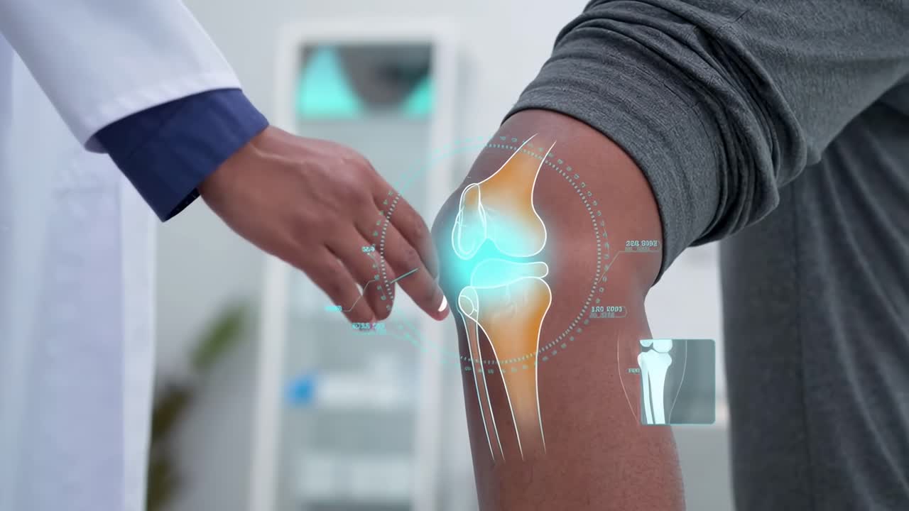 Video en primer plano de un médico examinando una rodilla con una superposición digital, vista de ángulo lateral.