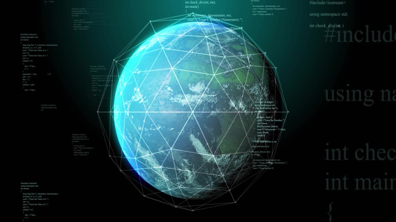 Teal globe appearing, rotating left, mesh tightening and code scrolling to show network