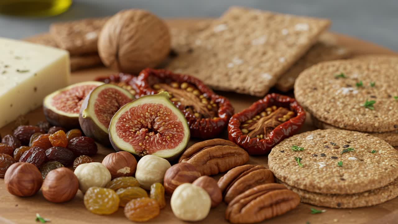 A Rustic Spread of Dried Fruits, Nuts, and Cheese Platter Featuring Figs, Pecans, walnuts, and Crispy Crackers Perfect for Entertaining and Celebrations