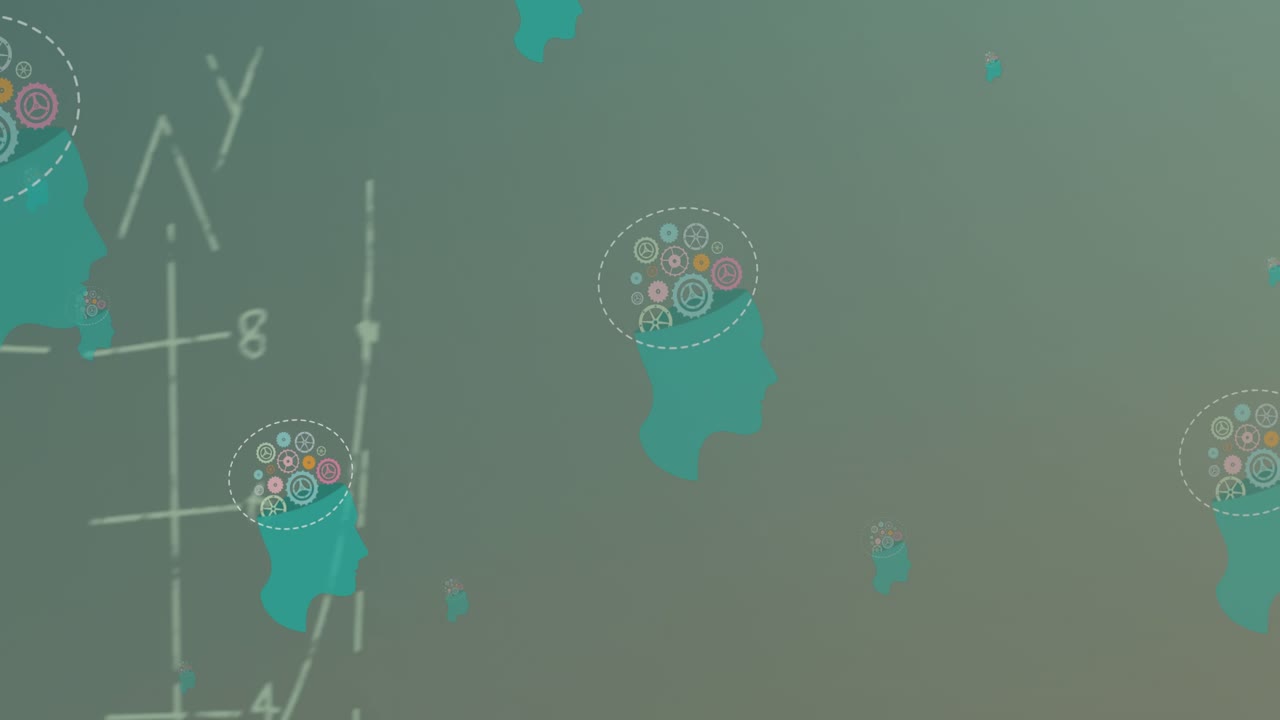Animación de ecuaciones matemáticas e íconos de cabezas humanas flotando sobre un fondo gris